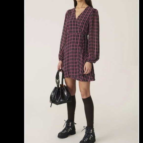 Ganni Georgette Check Long sleeve crepe wrap dress SZ 40 - Picture 4 of 16